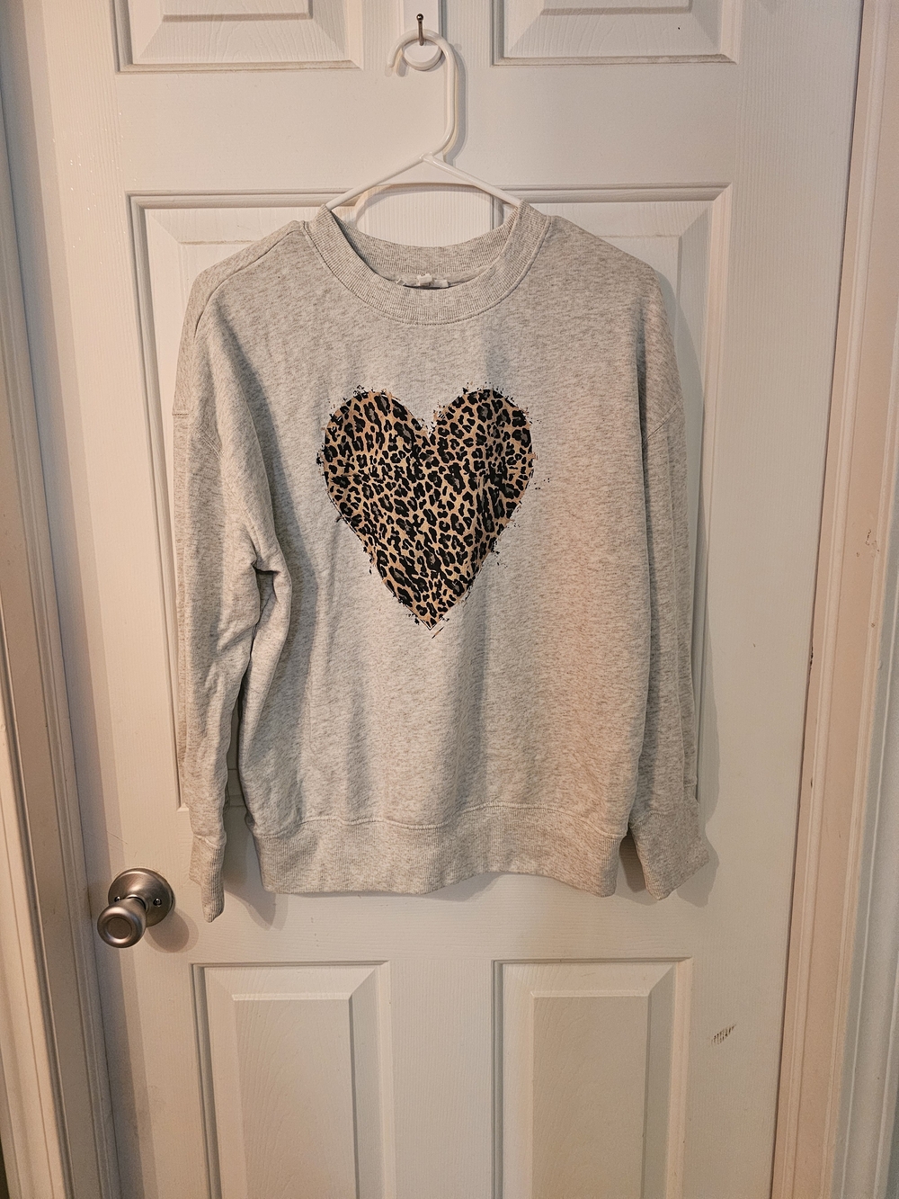 Maurices Light Gray Crewneck Sweatshirt with Leopard Heart